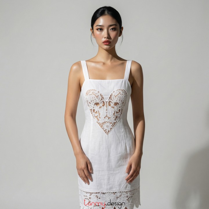 Strappy dress with lace heart detail on the chest and hem